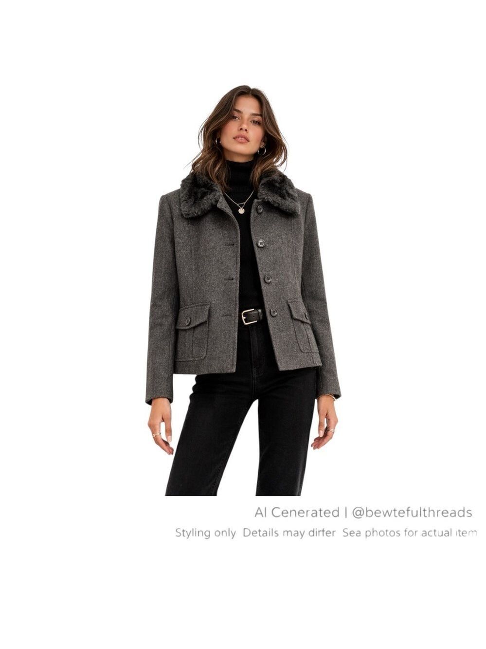 Vintage 90s Minimalist Wool Blend Jacket Faux Fur Collar heathered Gray M